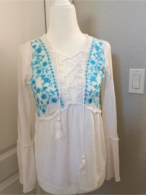 Bohemian Embroidered Lace-Up Swim Coverup - White with Turquoise Embroidery